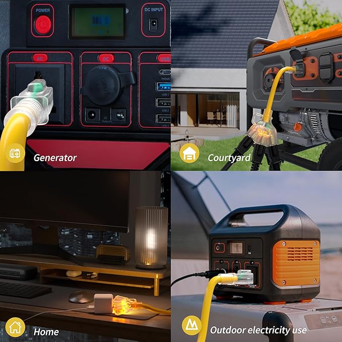 6 FT 12/3 Gauge Outdoor Extension Cord with Multiple Outlets Light Indicator, Flexible 3 Outlet Weatherproof Heavy Duty Extension Cord Waterproof Yellow, 15A 1875W 12AWG SJTW, ETL Listed