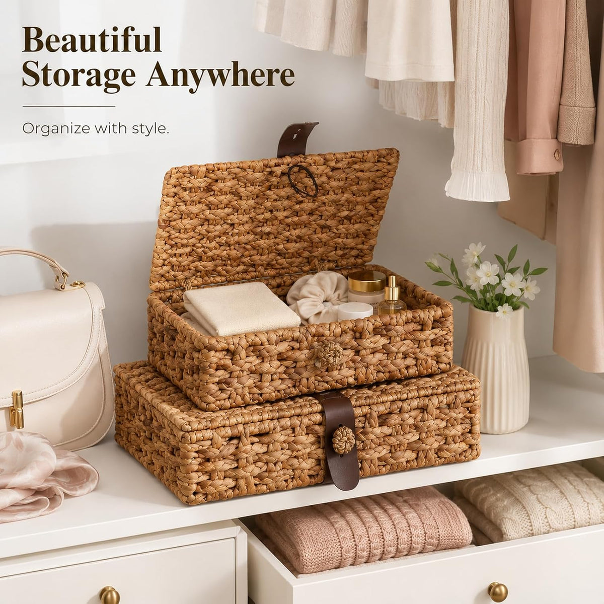 2Pcs Decorative Box, Wicker Basket with Lid, Water Hyacinth Basket for Home