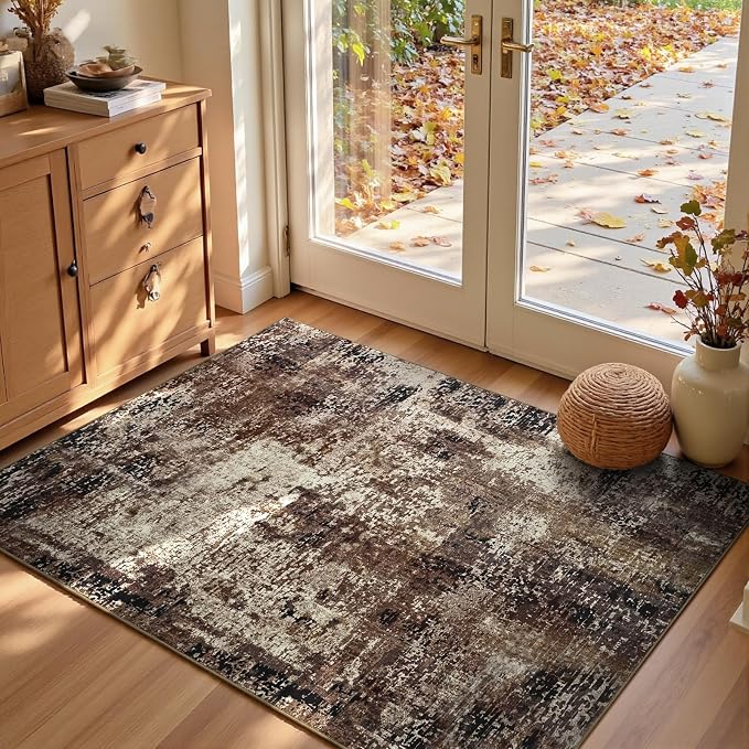 Entryway Rug 3x5 Brown Bedroom Area Rug Washable Non Slip Abstract Coffee Boho