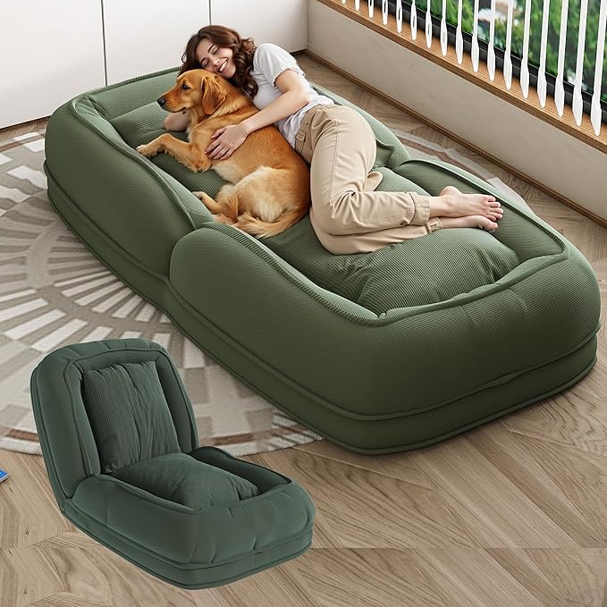 Oversized Human Dog Bed for Adult, Foldable Giant Human Pet Bed with 2 Soft Pillows, Large Sized Dog Sofa with 5 Adjustable Position for Humans, Metal Frame & Corduroy (Green)
