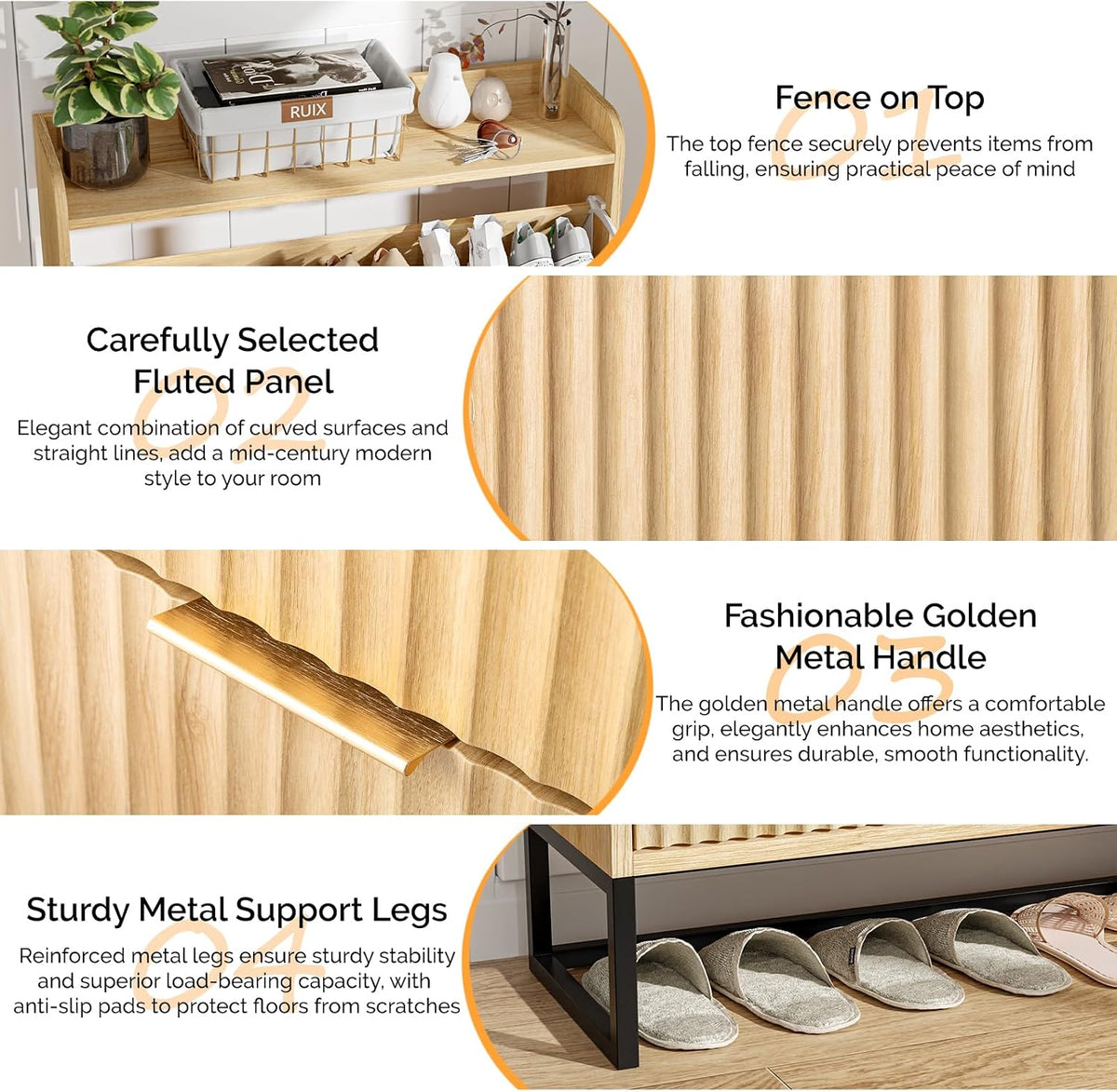 VINGLI Fluted Shoe Cabinet Storage for Entryway,Hidden Shoes Storage Cabinet with 2 Flip Drawers, Mid Century Modern Shoe Rack Organizer,Free Standing Shoes Organizer for Hallway(Natural Oak)