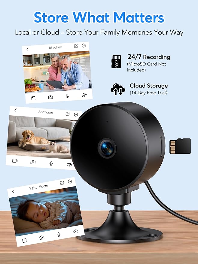 Indoor Security Camera 2K 3MP, Motion & Sound Detection, Real-Time Alerts, Two-Way Audio, Works with Alexa & Google Assistant, Home Security Camera with 256GB SD & Cloud Storage, Black, 2.4GHz