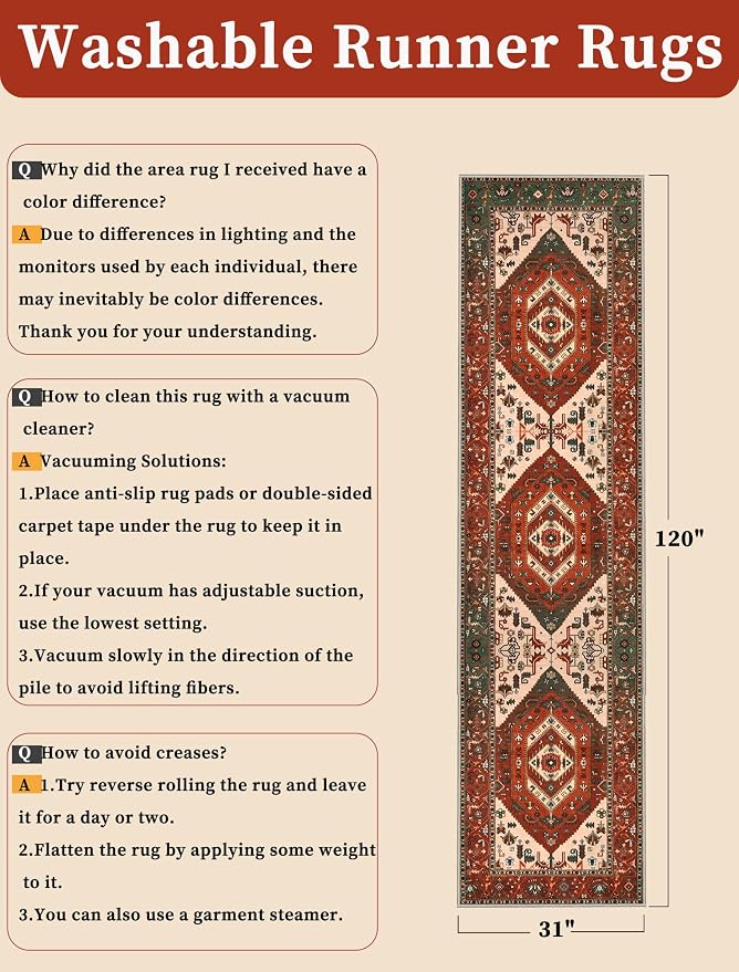 SERISSA Runner Rug for Hallways, Long Boho Rug Vintage Terracotta Green Hallway