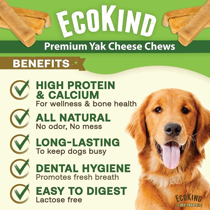 EcoKind Pet Treats Gold Himalayan Yak Cheese Dog Chew, Yak Dog Treats for Active Chewers, 100% Natural & Healthy Chew Sticks for Small & Large Dogs, Small Yak Cheese Sticks (8 Chews)