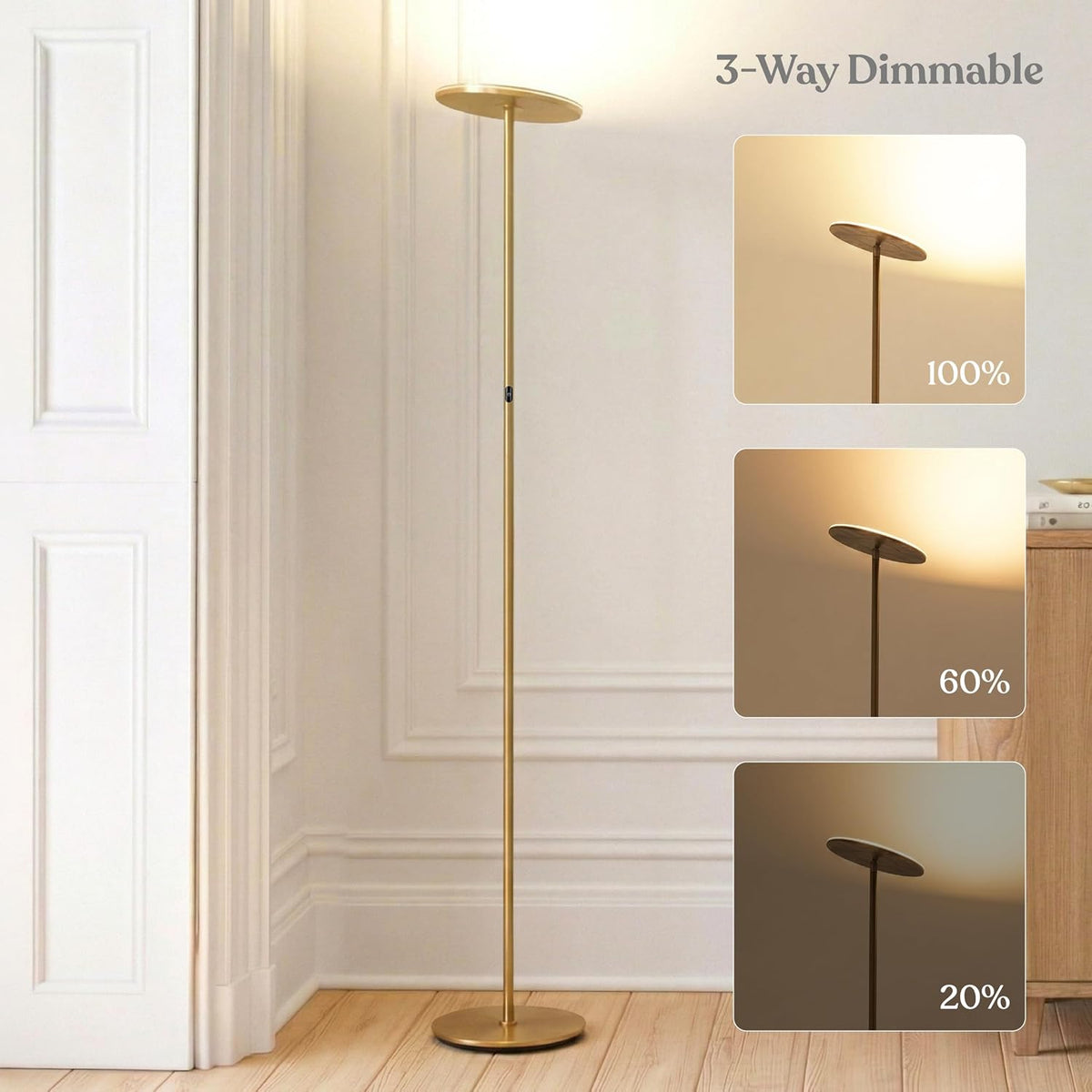 Brightech Sky LED Floor lamp, Torchiere Super Bright Floor Lamp for Living Room Decor & Office - Dimmable, Tall Standing Torch Lamp with Warm Light for Bedroom & Reading - Gold Brass