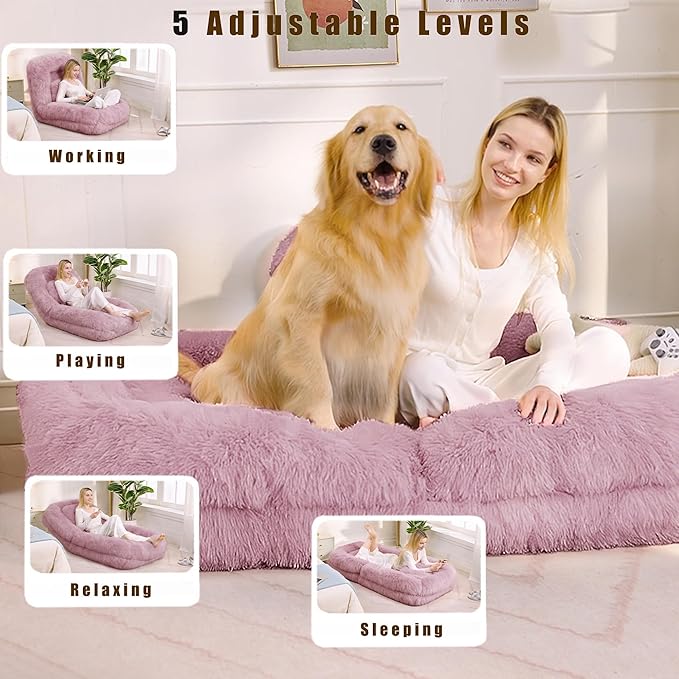 Adjustable 5-Position Human Dog Bed for People, Big Comfy Plush Floor Gaming Lazy Sofa Chair with Pillows & Back Support, Foldable Lounge Loveseat Couch for Living Room Bedroom (Pink)