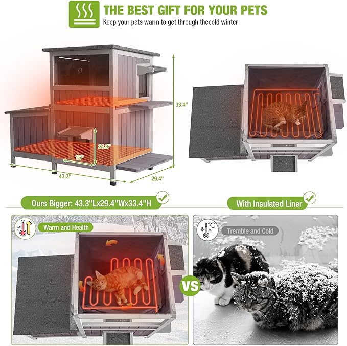 GUTINNEEN Heated Cat House for Outside Outdoor Cat House Insulated with Heated Pad, Insulated Liner, Dual-Section Large Wooden Shelter with Three Escape Doors for Multiple Cats