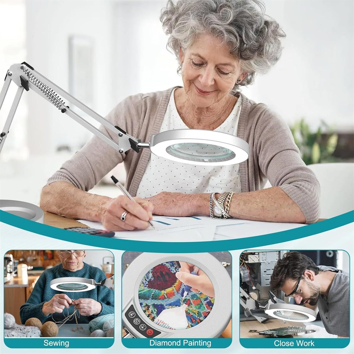 12X Magnifying Glass with Light and Stand, 5 Color Modes, Brightness Stepless Dimmable LED Lighted Magnifier Hands Free, 2-in-1 Desk Lamp & Clamp Light, Magnifier Lamp for Crafts - Silvery