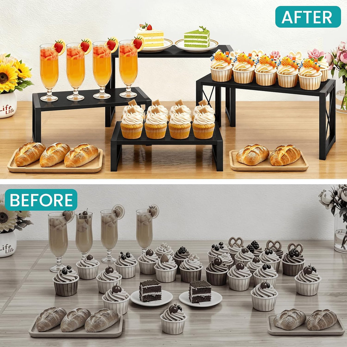 ELITEROO Wooden Risers Display Stands, 4 Tier Cupcake and Dessert Display Stand, Nesting Riser for Buffet Table for Cup Cake, Food, Collectibles, and Market Vendor Events Retail Shelf Organizer, Black