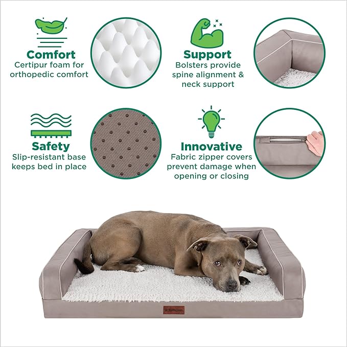 Furhaven Orthopedic Dog Sofa Bed – Memory Foam Couch with Bolsters, Textured Plush & Water-Resistant Cover, Washable Cover, Joint Support - Greige, Large