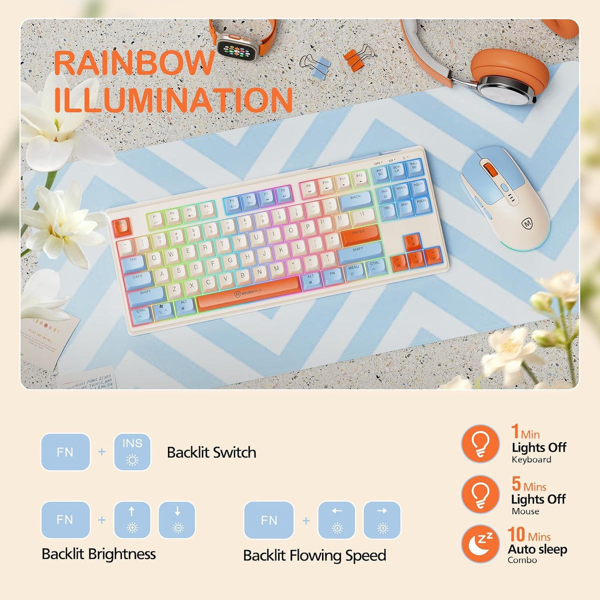 2.4G Wireless Keyboard and Mouse Combo, RGB Backlit Keyboard Mouse Set for Windows, Android & MacOS, Aesthetic Keyboard Mouse with USB & Type-C Dongle for PC Computers, Macbooks, Laptops, Ivory