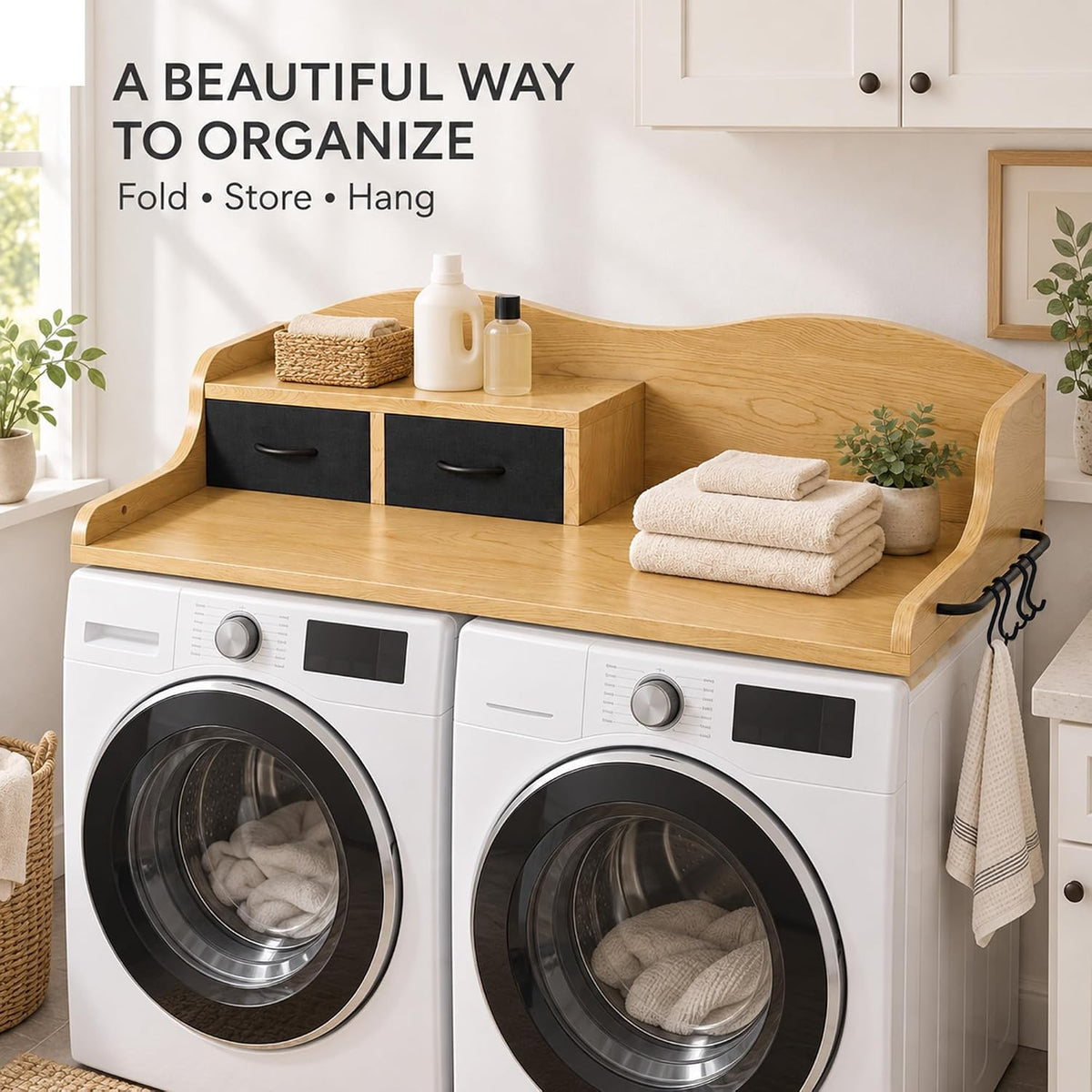 2-Tier Washer Dryer Countertop, Laundry Room Organizer with Drawers & Side Hanging Rod, Wave Design Washer Top Shelf for Folding Clothes and Storage, Laundry Countertop Cover with Hooks