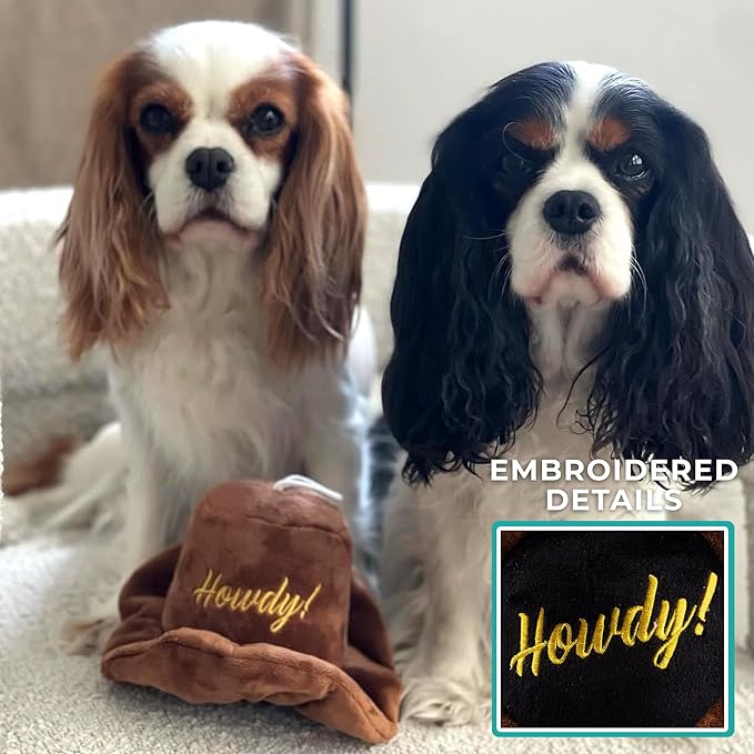 Haute Diggity Dog Cowboy Hat Plush Dog Toy for Medium & Large Dogs, Western-Inspired Stuffed Dog Toys with Interactive Squeaker, Mesh Lining, Machine-Washable, Durable & Safe, One Size, Brown