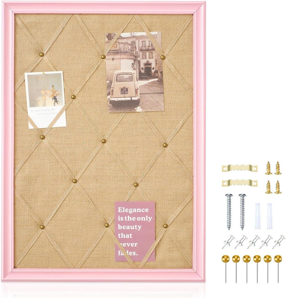 DoubleFill Pink Bulletin Board 21"×27" Linen Fabric Decorative Boards Hanging Memo Board with 20 Pushpins Large Cork Bulletin Boards for Home Office Decor Photos Display - Gold Linen with Pink Frame