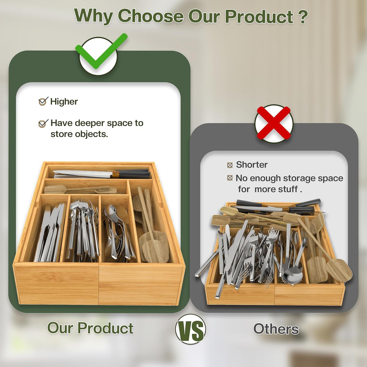 BAMEOS 3.9inch Tall Bamboo Drawer Organizer, Expandable Utensil Holder with 8 Compartments, Adjustable Kitchen Drawer Divider for Flatware, Silverware and Gadgets, Deep Storage for Home and Office
