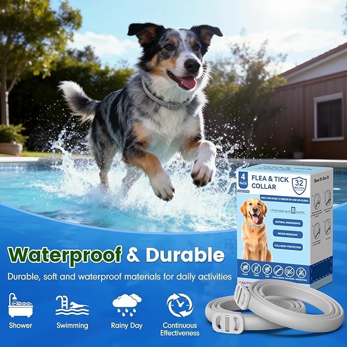 Flea and Tick Collar for Dogs, 4 Packs Flea Collar for Dogs with Natural Essential Oils, Waterproof & Adjustable Flea and Tick Prevention Collar for Small Medium Large Dogs & Puppies, Grey