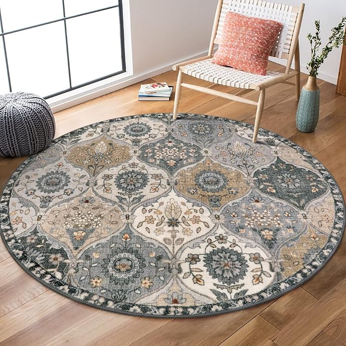 Lahome Moroccan Washable Round Rugs, Soft Vintage Round Rug 4ft, Distress