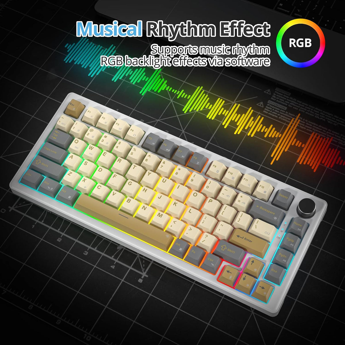 75% Retro Mechanical Keyboard Gasket with Knob, Custom Wired Creamy Gaming Keyboard TKL 75 Percent Hot Swappable RGB Backlit, Pre-lubed Switch for Win/MAC PC Laptop（Shimmer/White Switch）