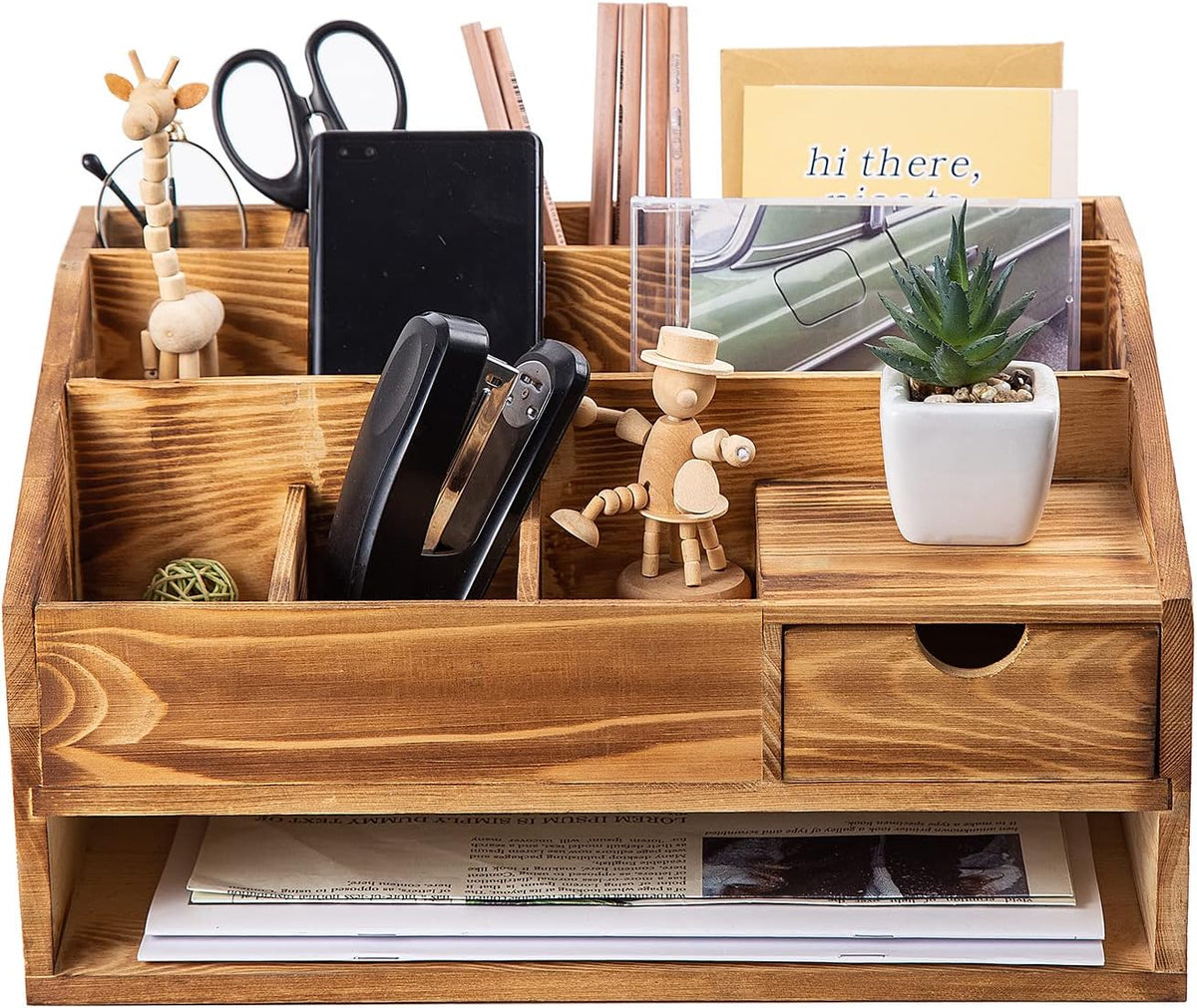 Wood Desk Drawer Organizers with File Organizer Pen holder Decor combo for Desk Organization, Office Desks, Home can arrange calculators, scissors, pens, note papers, etc. (Baked color)