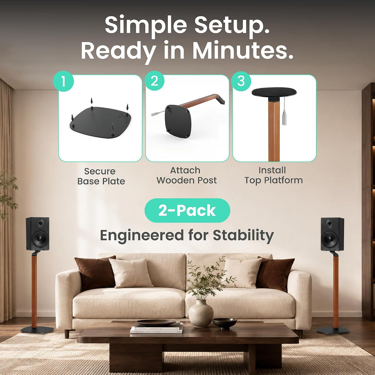 ynVISION.DESIGN Wood and Metal Speaker Stands, Pair, Black and Walnut