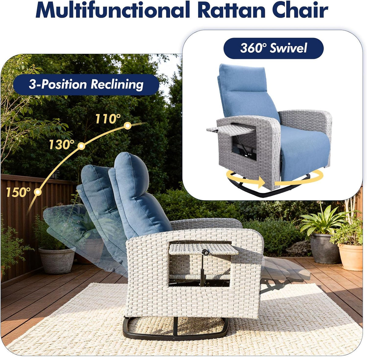 ZZW Outdoor Recliner Chair, Wicker Patio Recliners with Adjustable Backrest and Extended Foot Rest, Reclining Patio Chairs with Flip Table & Removable Cushion Cover for Porch
