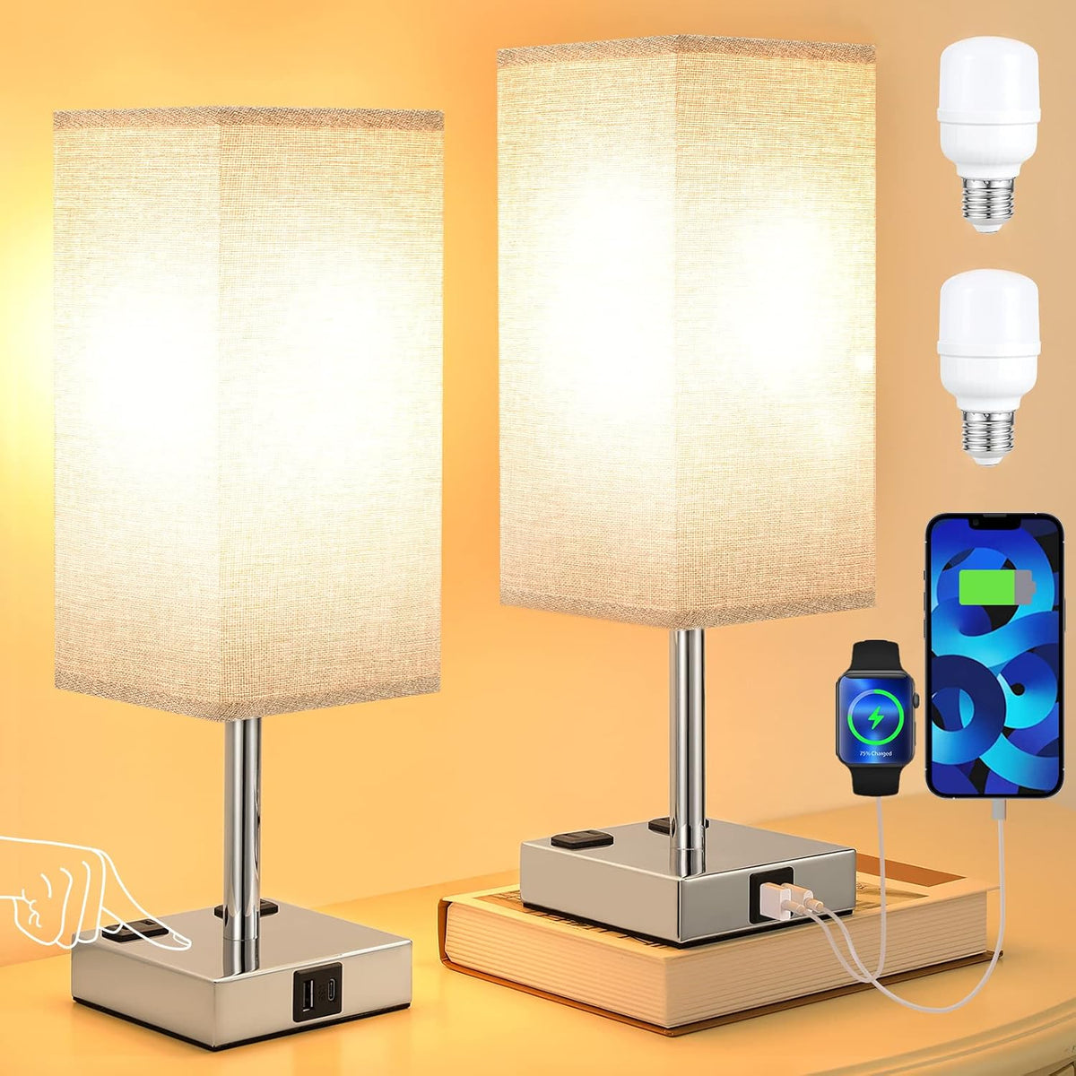 Light Grey Touch Lamps Set for Bedroom - Dimmable, USB C+A, 2 AC Outlets