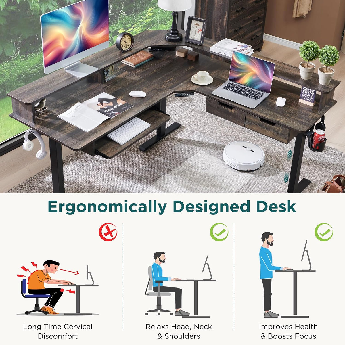 RedLemon 60 Inches L Shaped Electric Standing Desk, Dark Rustic Oak