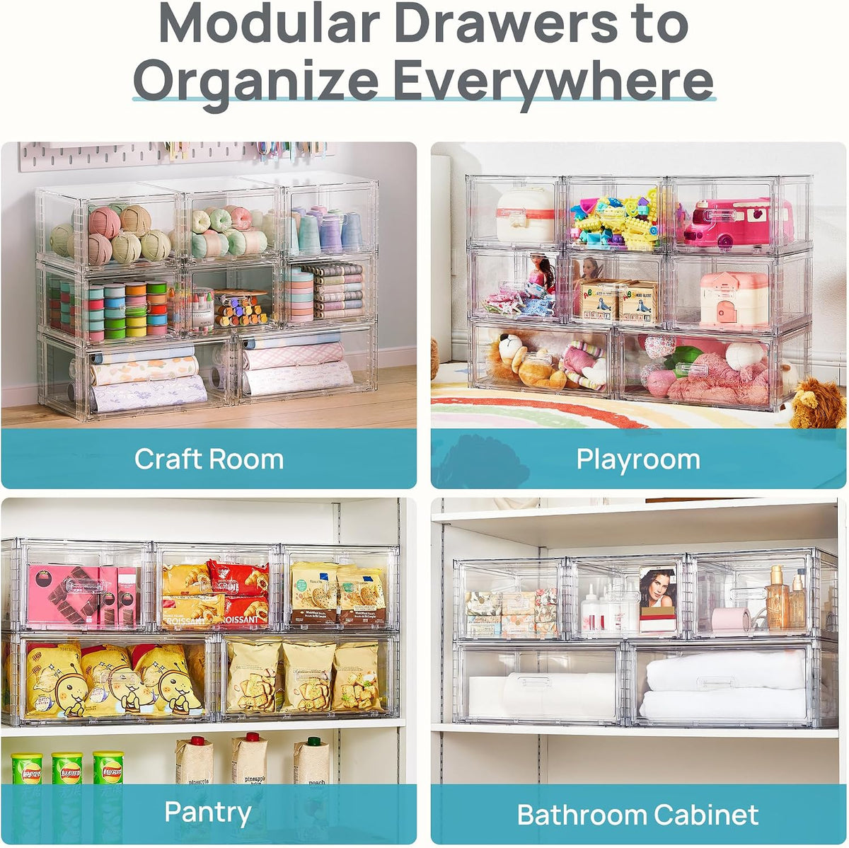 Vtopmart 4 Pack Clear Stackable Closet Storage Drawers 15QT, Medium