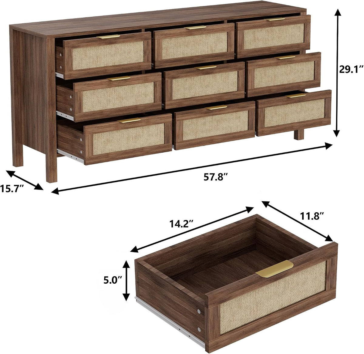 9 Drawer Double Dresser,Wood Dresser,Modern Wooden Storage Cabinet,Chest of Drawers for Bedroom, Living Room, Entryway (Brown-9 Drawer)