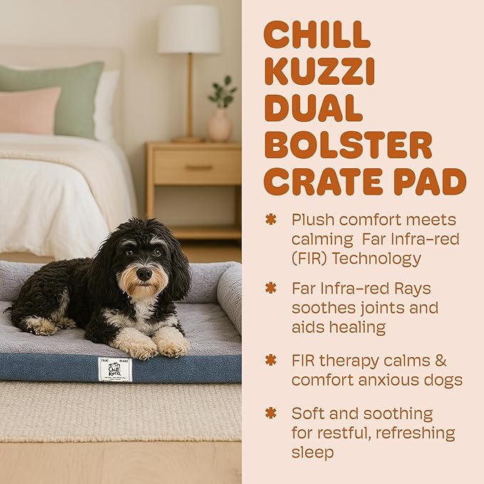 Dog Gone Smart Chill Kuzzi Dual Bolster Crate Pad - Washable Dog Bed Infused with Far Infrared Rays (FIR) - Supportive Plush Cushion for Crates, Travel, and Recovery - Slate Grey, Large 22 x 35 Inches