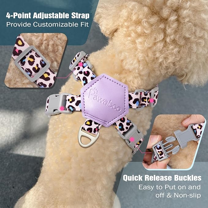 Pawaboo Small Dog Harness and Leash Set, Puppy Harness X-Frame No Pull No Choke, Dog Vest Harnesses Adjustable for Small Medium Sized Dogs,Soft Breathable Pet Harnesses for Walking, M, Pink Leopard