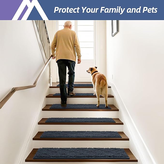 COSY HOMEER Edging Stair Treads Non-Slip Carpet Mat 28inX9in Indoor Stair Runners for Wooden Steps, Edging Stair Rugs for Kids and Dogs, 100% Polyester TPE Backing (7pc, Navy)