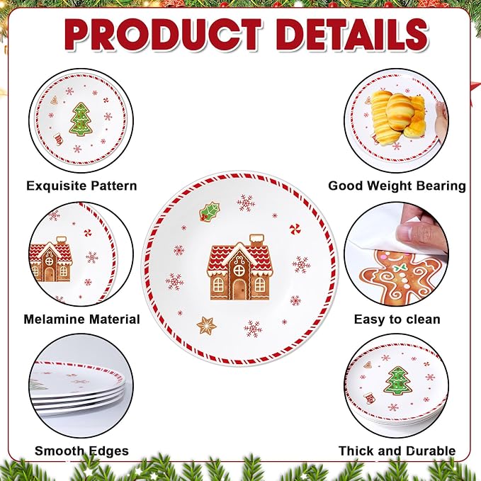 4 Set 10 Inch Christmas Dinner Plates Melamine Christmas Gingerbread Man