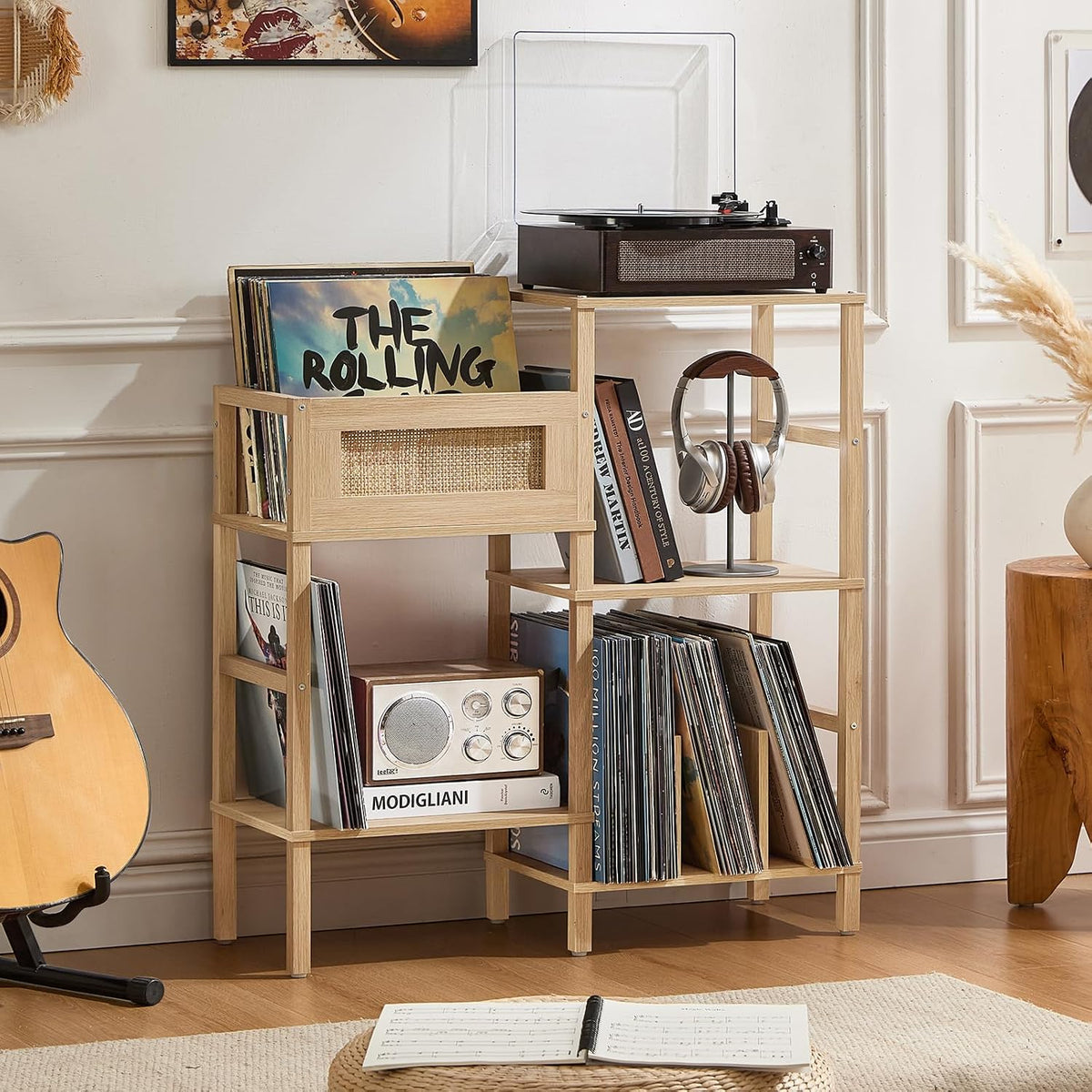 LELELINKY Record Player Stand, Natural Oak Wood Record Holder with Vinyl Storage Holds up to 300+ Albums, 3-Tier Rattan Media Table with Vinyl Display Shelf, Record Storage Cabinet for Living Room