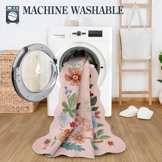 Lahome Floral Pink Rugs for Entryway, 2X3 Washable Kitchen Rug Non Slip