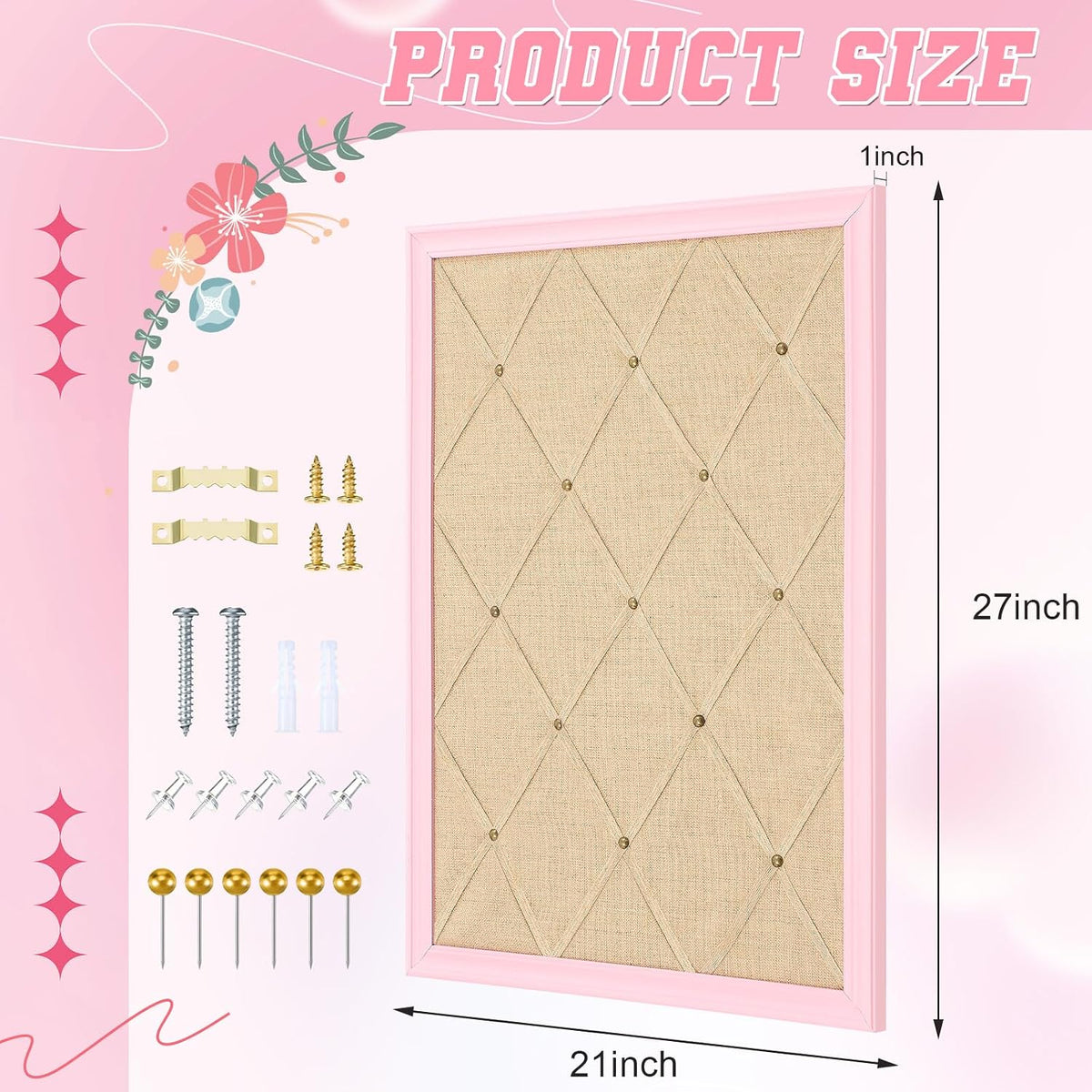 DoubleFill Pink Bulletin Board 21"×27" Linen Fabric Decorative Boards Hanging Memo Board with 20 Pushpins Large Cork Bulletin Boards for Home Office Decor Photos Display - Gold Linen with Pink Frame