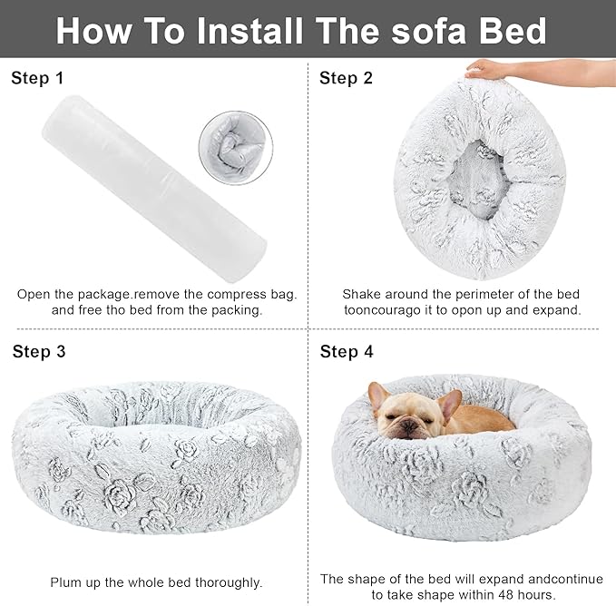 Dog Calming Beds for Small Medium Large Dogs - Round Donut Washable Puppy Dog Bed, Anti-Slip Faux Fur Fluffy Donut Cuddle Anxiety Cat Pet Bed (28" Rose)