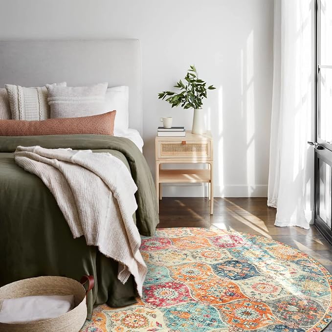 Lahome Moroccan Washable Round Area Rug, Soft Round Rugs 6ft Ultra-Thin Non-Slip