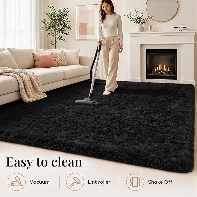 Area Rug for Living Room Bedroom: 5x7 Black Soft Fluffy Shag Upgrade Non-Slip
