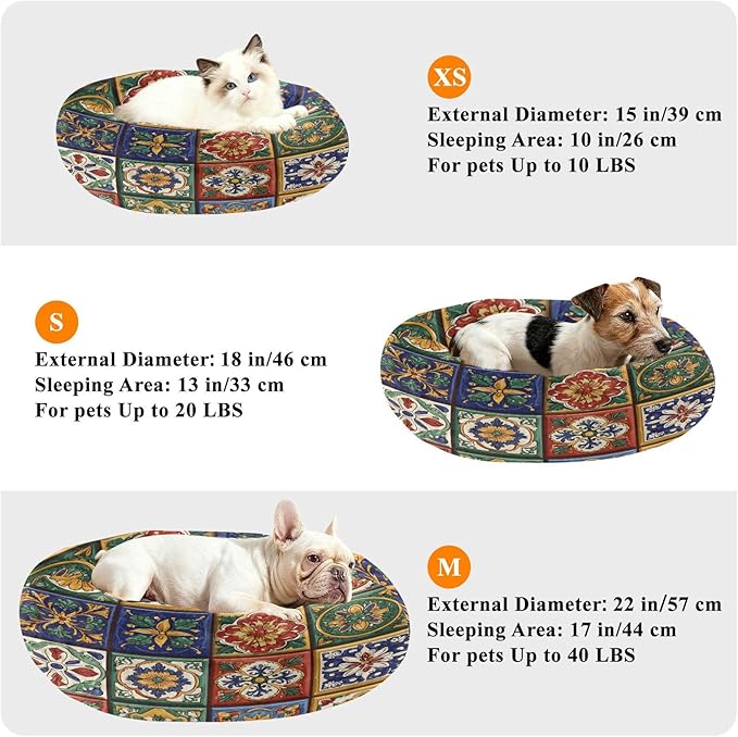 Round Cat Bed Dog Bed,15.7in Mexican Tile Patterns Washable Non-Slip Bottom Soft Pet Bed for Small Medium Dogs and Cats