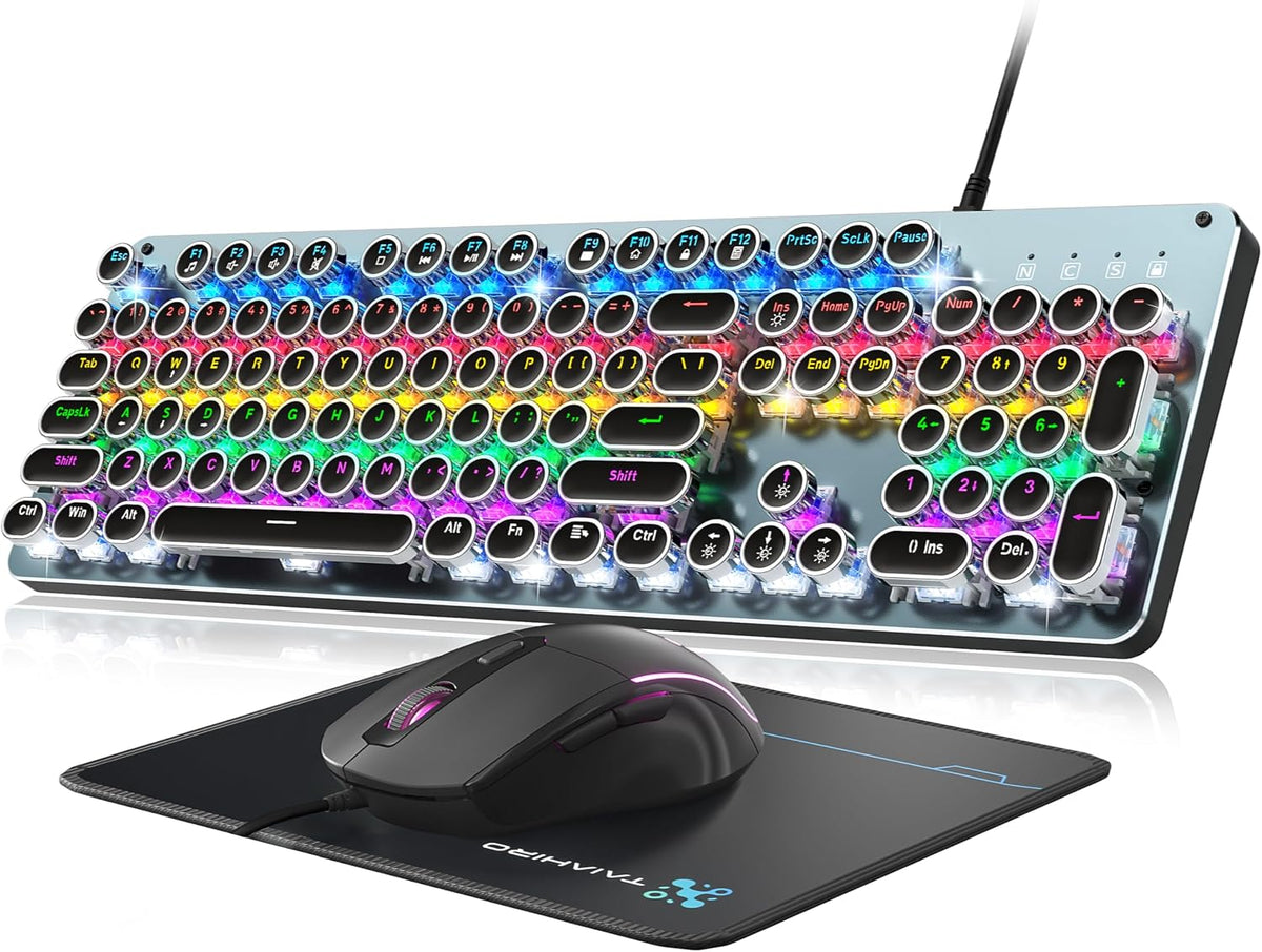 Typewriter Style Mechanical Gaming Keyboard Blue Switch, Rainbow LED Backlit Wired Computer Keyboards Mouse and Pad Combo, Metal Panel Retro Punk Round Keycaps, 104 Keys Anti-Ghost for PC Laptop Gamer