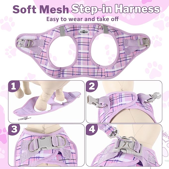 Gyuzh Small Dog Harness and Leash Set for Puppy & Kitten - 3-in-1 No Pull Step in Vest Collar, Lightweight Reflective Plaid, Padded Handle (Purple, XS)