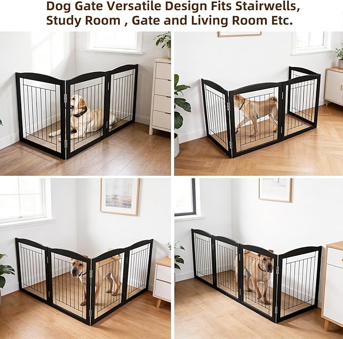 ZJSF Freestanding Foldable Dog Gate for House Extra Wide Wooden Black Indoor Puppy Gate Stairs Doorways Pet Gate Tall Dog Fence 3 Panels Fence