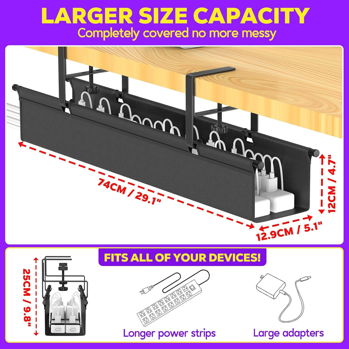 Large Under Desk Cable Management Tray, REFLYING 29.1" Cable Management Under Desk No Drill,Adjustable Clamp Cord Wire Organizer, Cord Hider for Standing Table, Wire Hider for Office,Home (Medium)