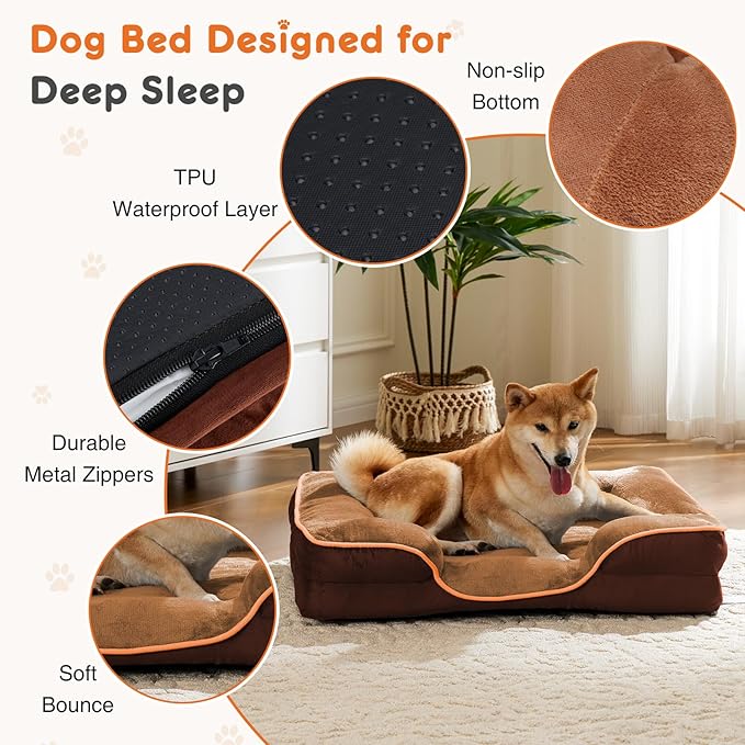 Sweetcrispy Orthopedic Dog Bed, XL Large Memory Foam Puppy Cat Bed with Washable Waterproof Removable Cover & Non-Slip Bottom for Pet Calming Sleeping (42"x32", Brown)