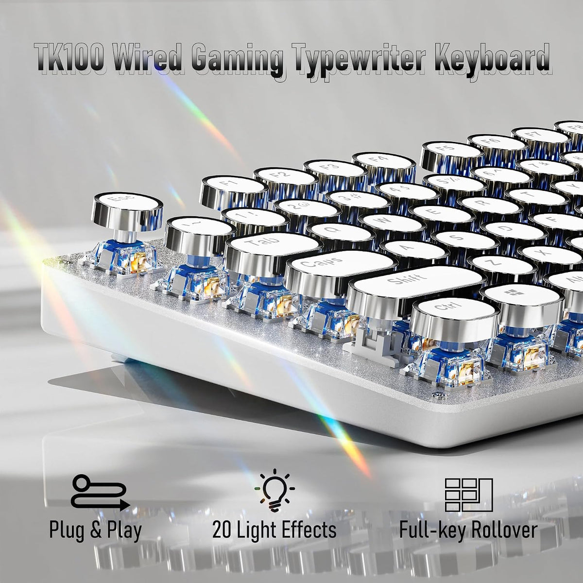 Wired Typewriter Style Mechanical Gaming Keyboard with White Backlit-White