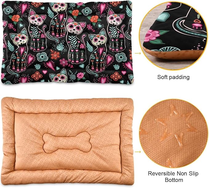 Gothic Cat Sugar Skull Pet Bed Cute Dog Bed Mat Absorbing Non Slip Pad Pet Sleeping Mat for Small, Medium, and Large Dogs Puppy Cat 24 in x 18 in