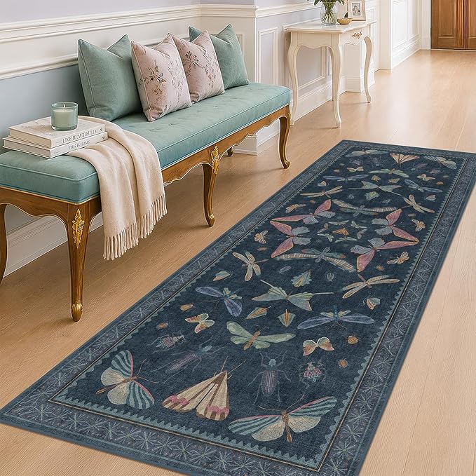 Vintage Dark Blue Insect Moth Runner Rug 3x8, Non Slip Washable Carpet