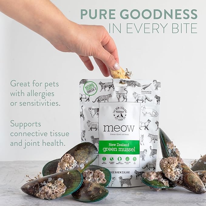 The New Zealand Natural Pet Food Co Meow Freeze Dried Cat Treats - New Zealand Green Mussel, High Protein, Healthy Cat Snacks and Toppers, All Natural for All Life Stages, 1.76 oz
