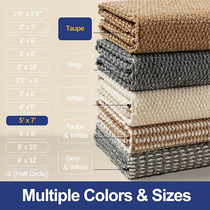 Faux Jute Area Rug 5'x7', Washable & Non-Slip, Taupe | 0.27" Low Pile Easy Jute